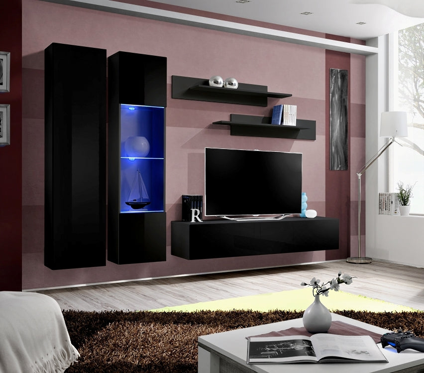 Ensemble meuble tv mural fly-a noir avec led - Clicktofournisseur.com