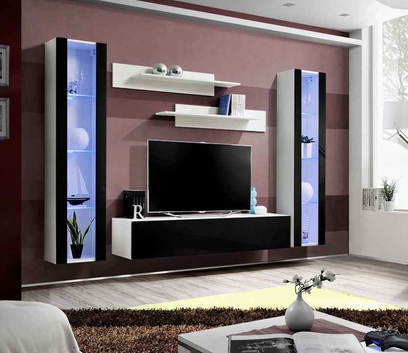 Ensemble meuble tv mural fly-a noir et blanc avec led - Clicktofournisseur.com