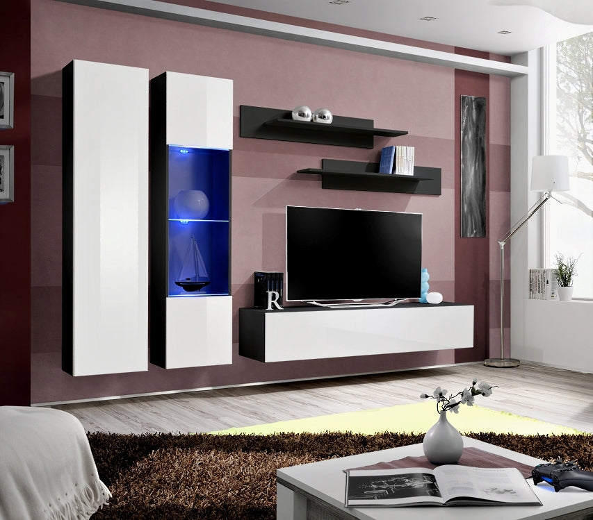 Ensemble meuble tv mural fly-a noir et blanc avec led - Clicktofournisseur.com
