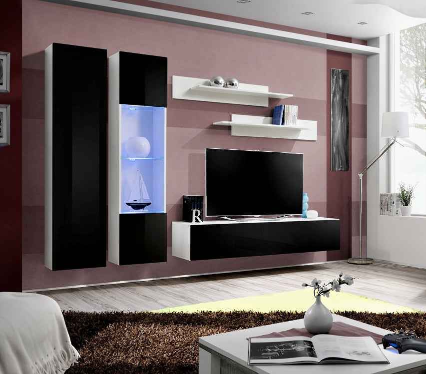 Ensemble meuble tv mural fly-a noir et blanc avec led - Clicktofournisseur.com