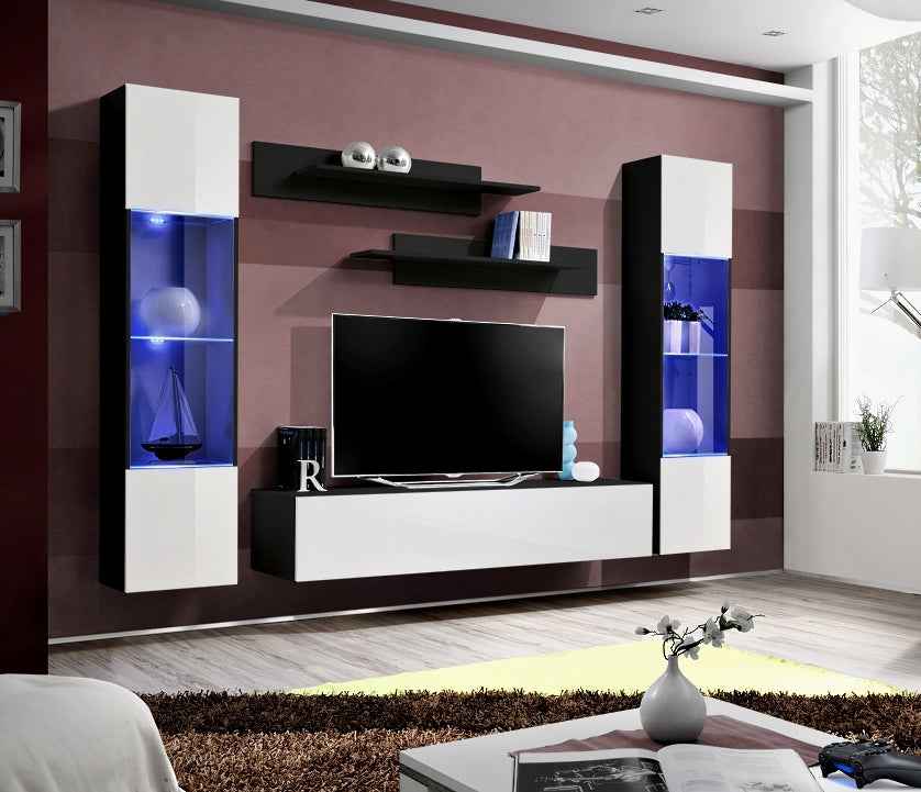 Ensemble meuble tv mural fly-a noir et blanc avec led - Clicktofournisseur.com