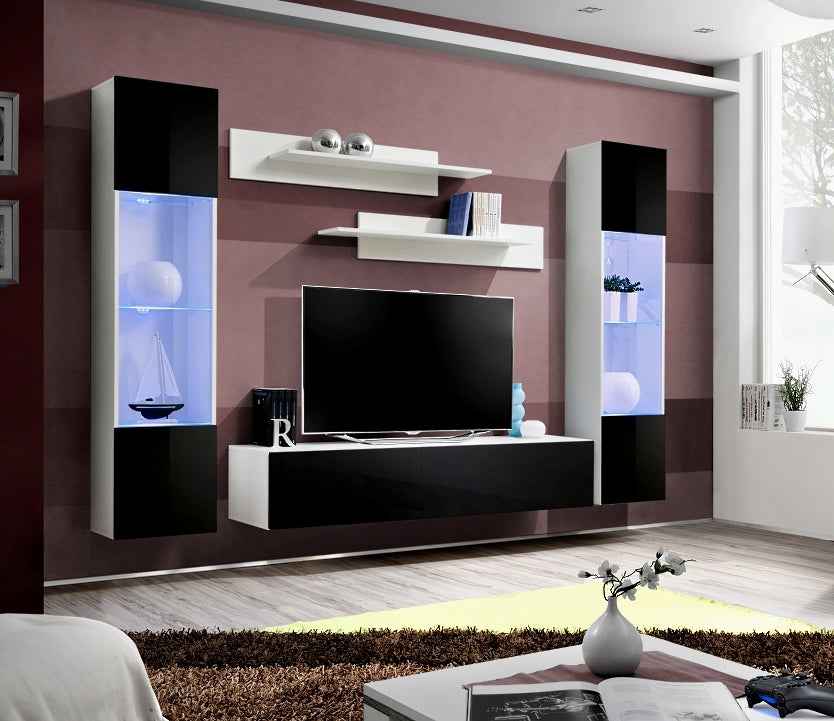 Ensemble meuble tv mural fly-a noir et blanc avec led - Clicktofournisseur.com