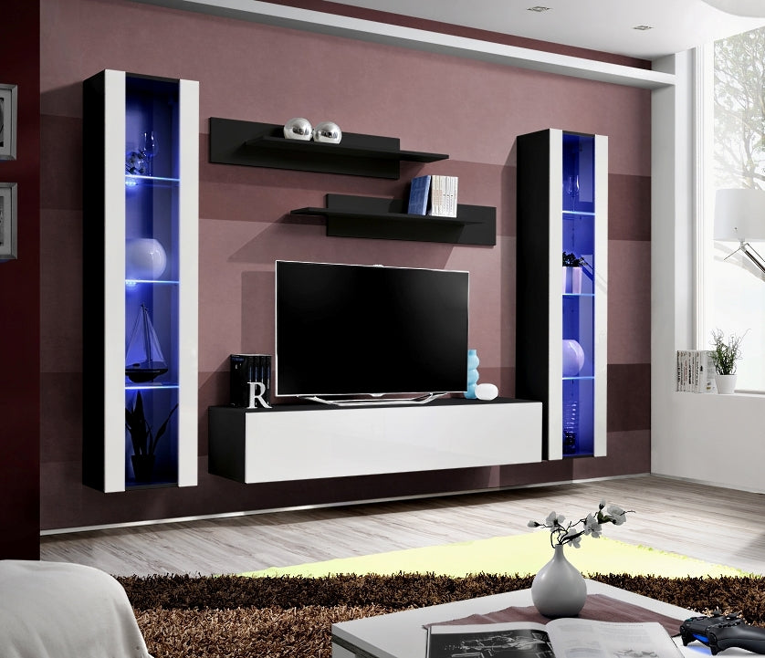 Ensemble meuble tv mural fly-a noir et blanc avec led - Clicktofournisseur.com