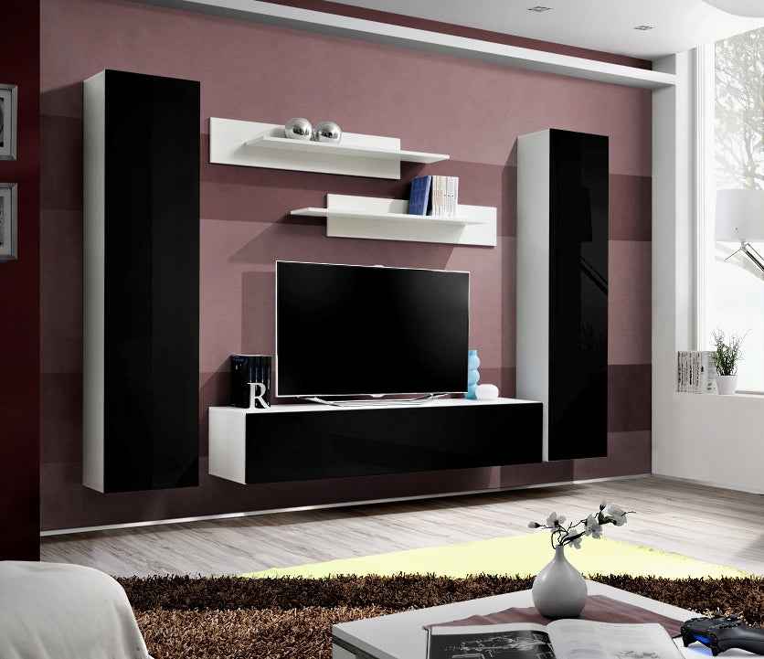 Ensemble meuble tv mural fly-a noir et blanc de haute brillance - Clicktofournisseur.com