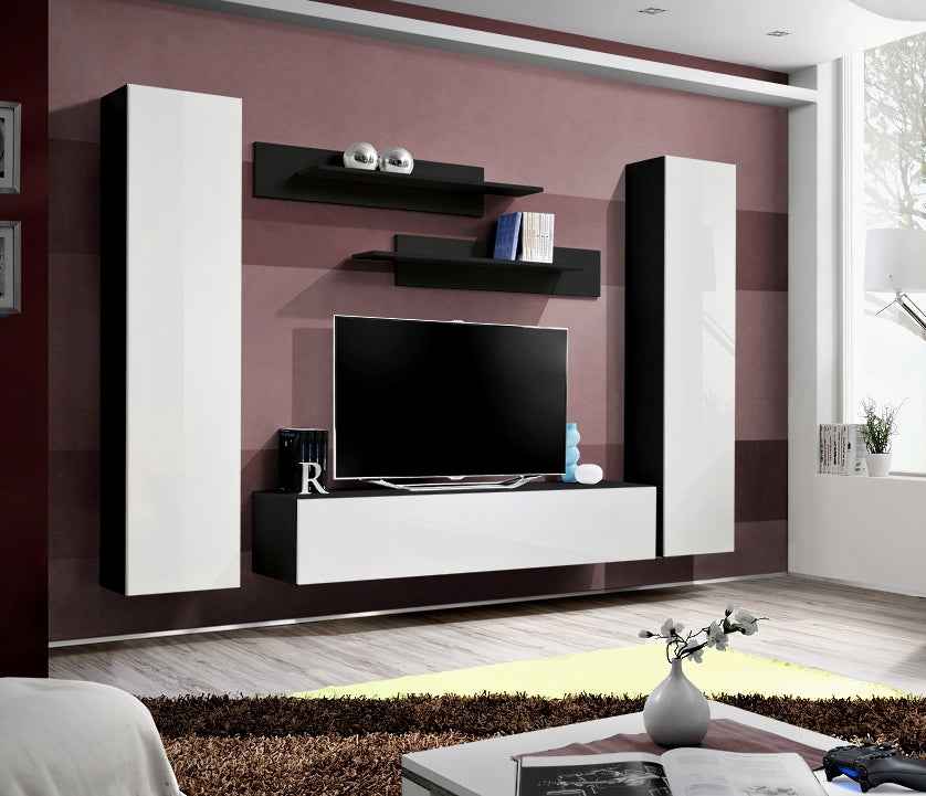 Ensemble meuble tv mural fly-a noir et blanc de haute brillance - Clicktofournisseur.com