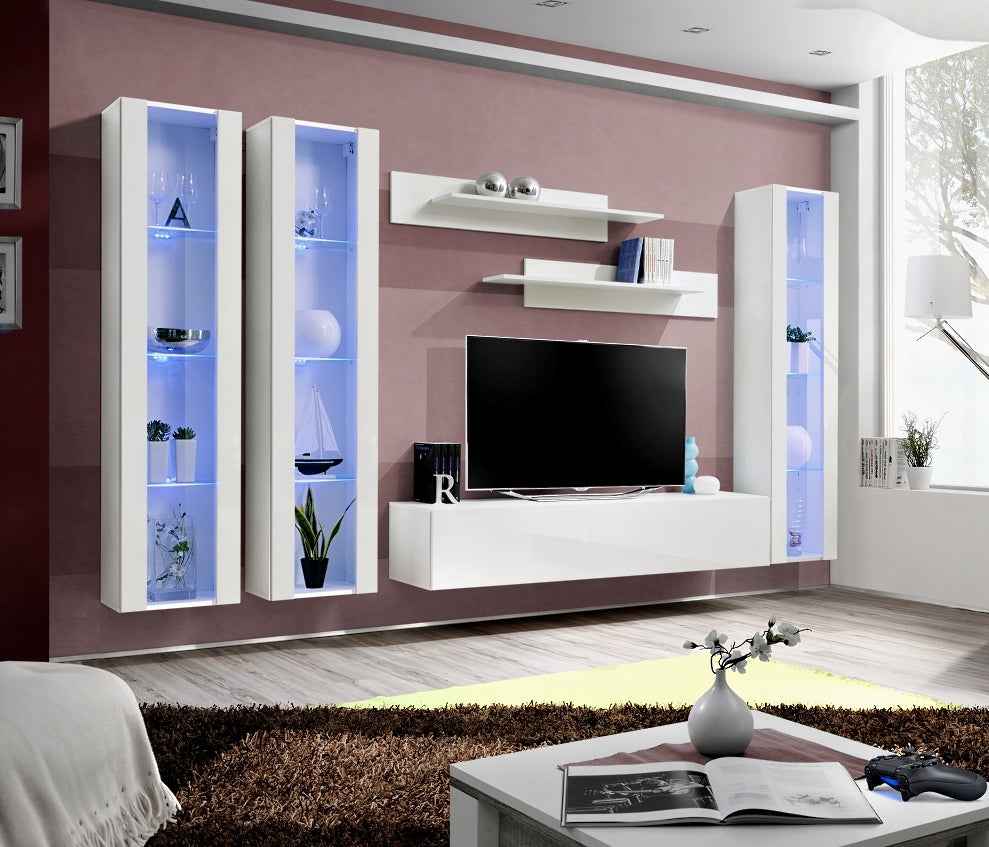 Ensemble meuble tv mural fly-c blanc avec led - Clicktofournisseur.com