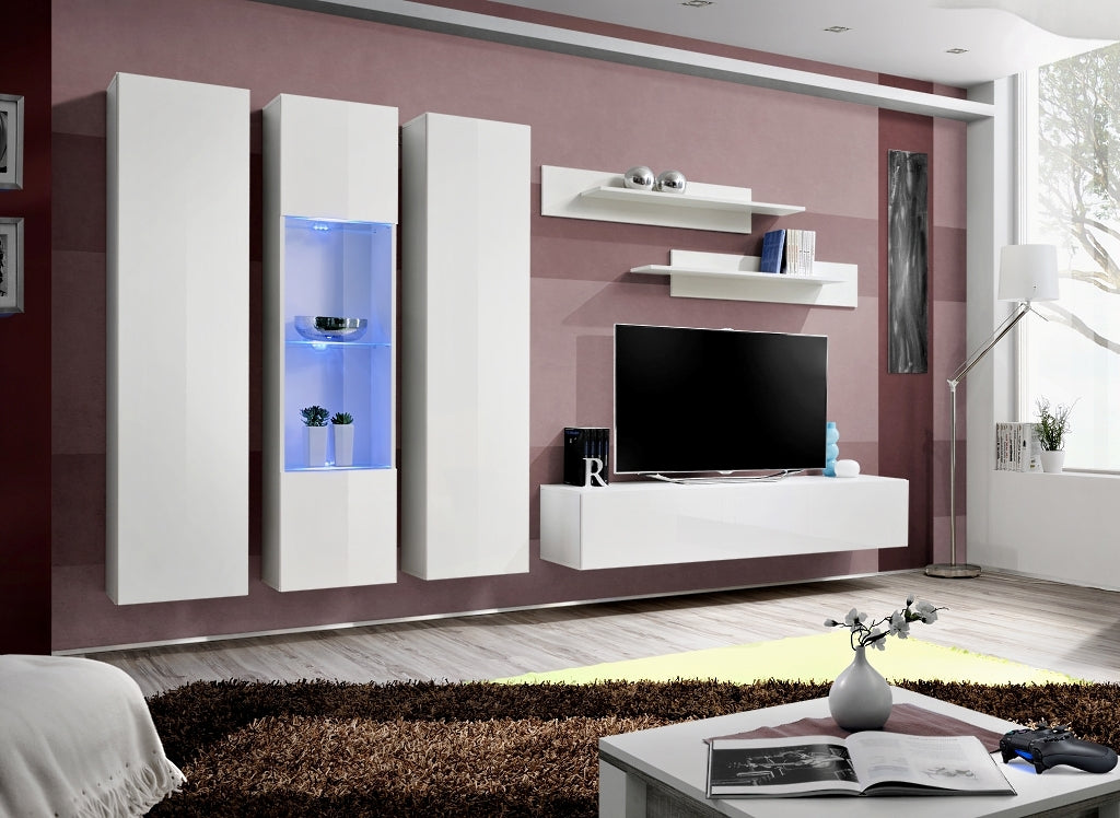 Ensemble meuble TV mural FLY-C blanc avec LED clicktofournisseur.com