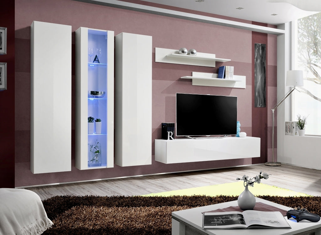 Ensemble meuble TV mural FLY-C blanc avec LED clicktofournisseur.com