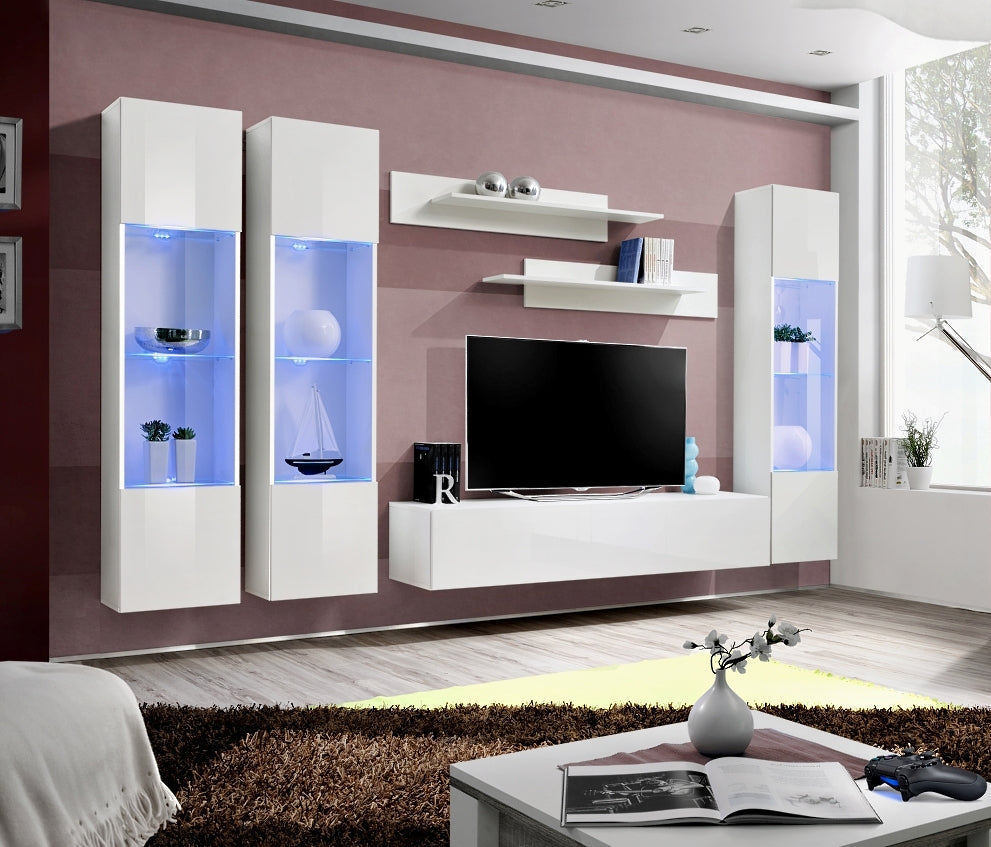 Ensemble meuble TV mural FLY-C blanc avec LED clicktofournisseur.com