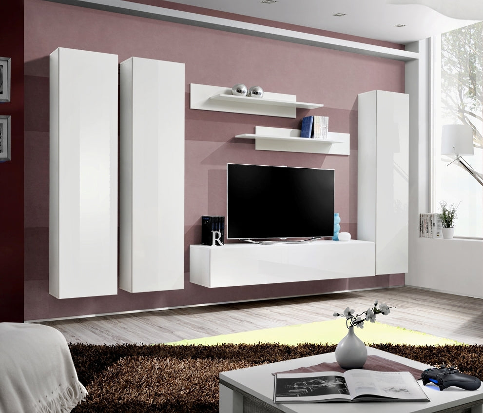 Ensemble meuble TV mural FLY-C blanc de haute brillance clicktofournisseur.com