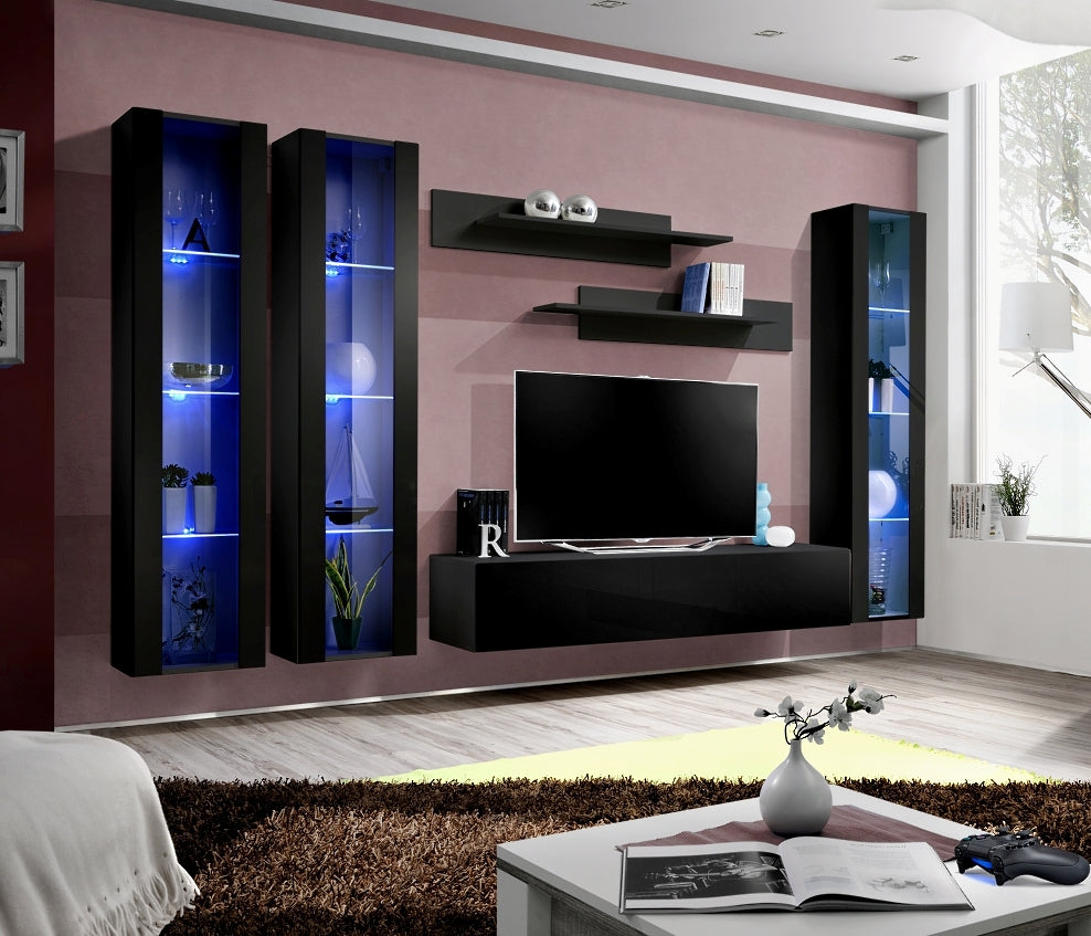 Ensemble meuble tv mural fly-c noir avec led - Clicktofournisseur.com