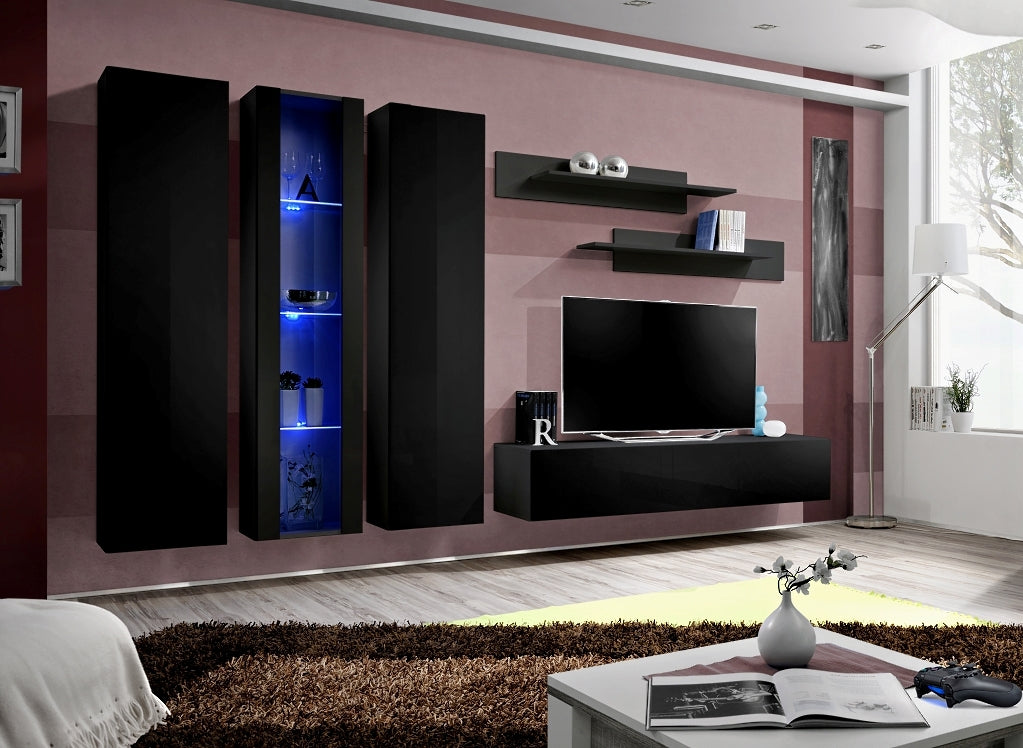 Ensemble meuble TV mural FLY-C noir avec LED clicktofournisseur.com