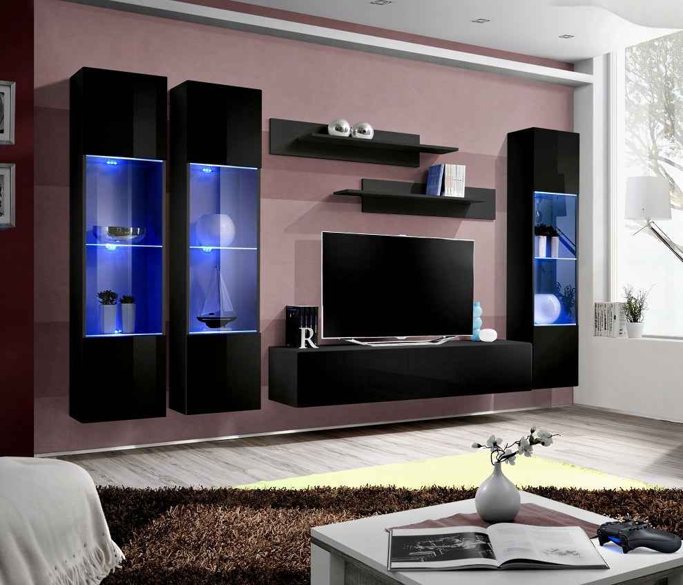 Ensemble meuble tv mural fly-c noir avec led - Clicktofournisseur.com