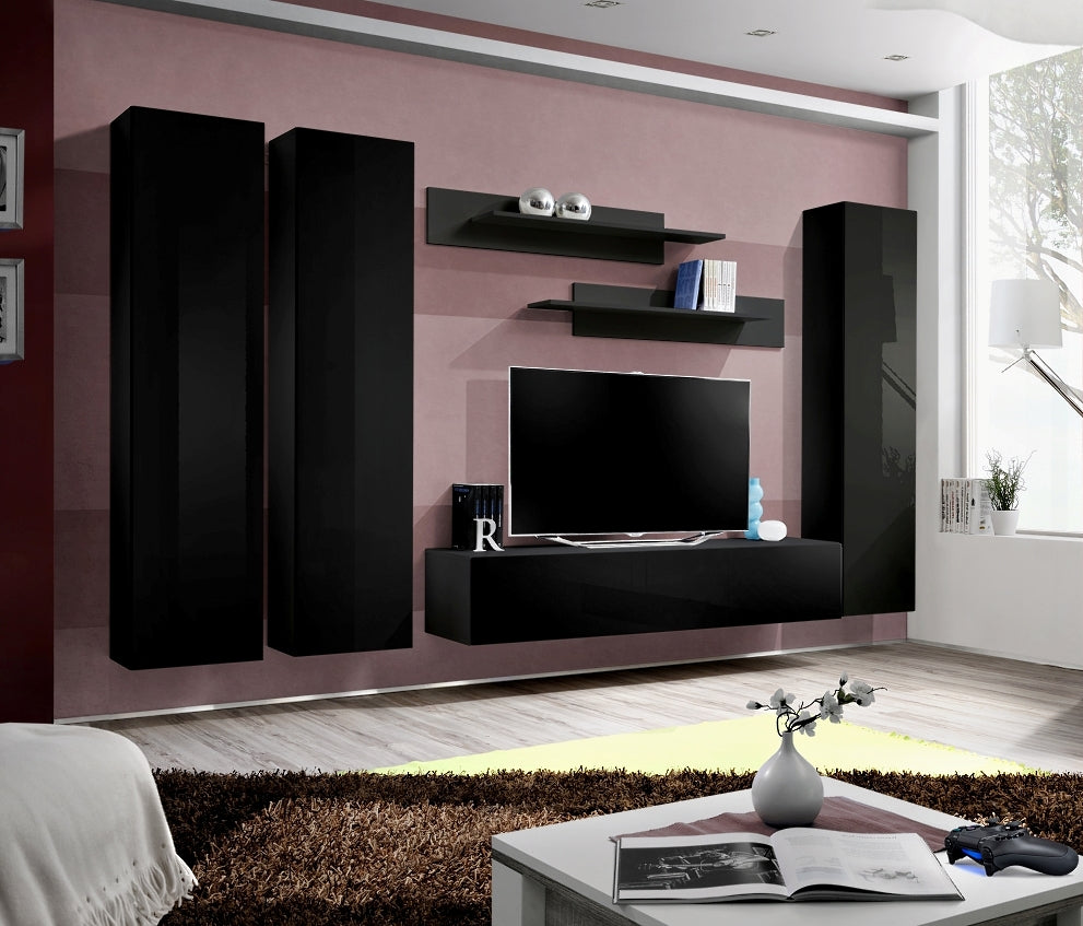 Ensemble meuble tv mural fly-c noir de haute brillance - Clicktofournisseur.com