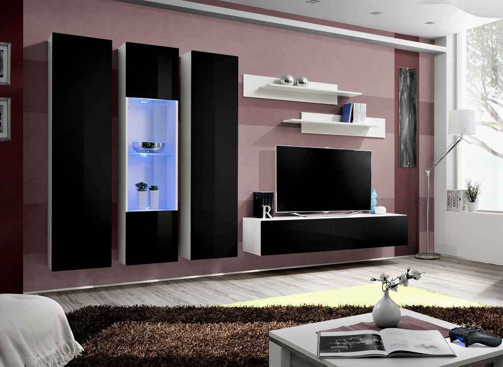 Ensemble meuble TV mural FLY-C noir et blanc avec LED clicktofournisseur.com