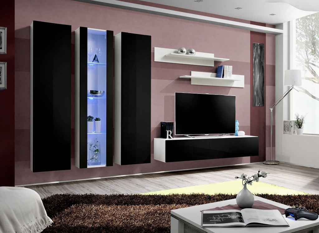 Ensemble meuble tv mural fly-c noir et blanc avec led - Clicktofournisseur.com