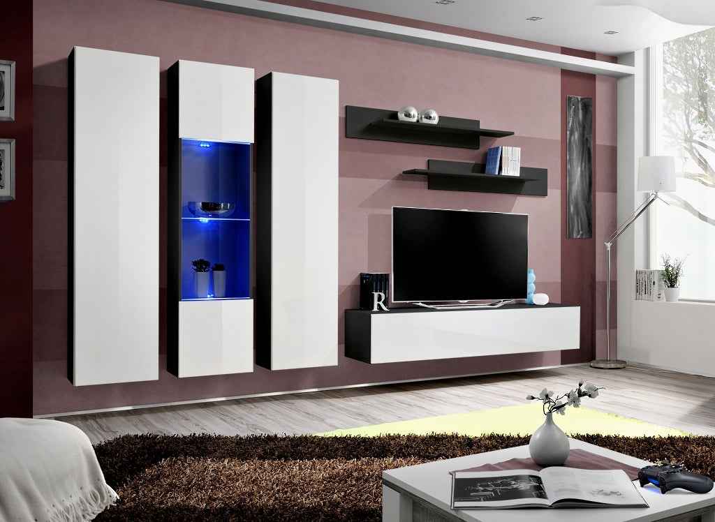 Ensemble meuble TV mural FLY-C noir et blanc avec LED clicktofournisseur.com