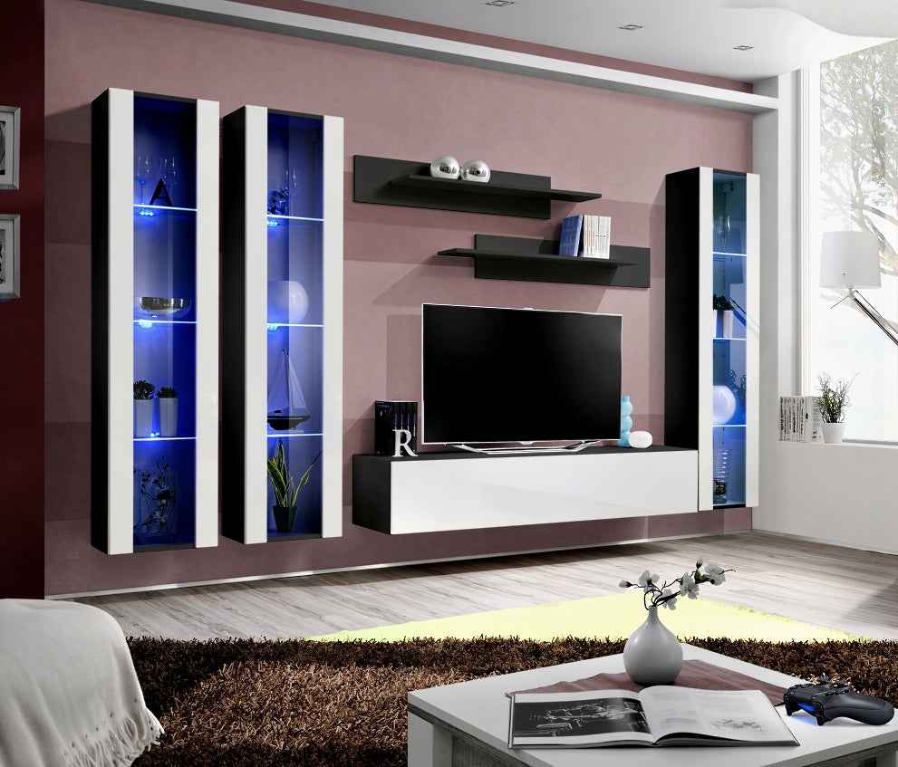 Ensemble meuble tv mural fly-c noir et blanc avec led - Clicktofournisseur.com