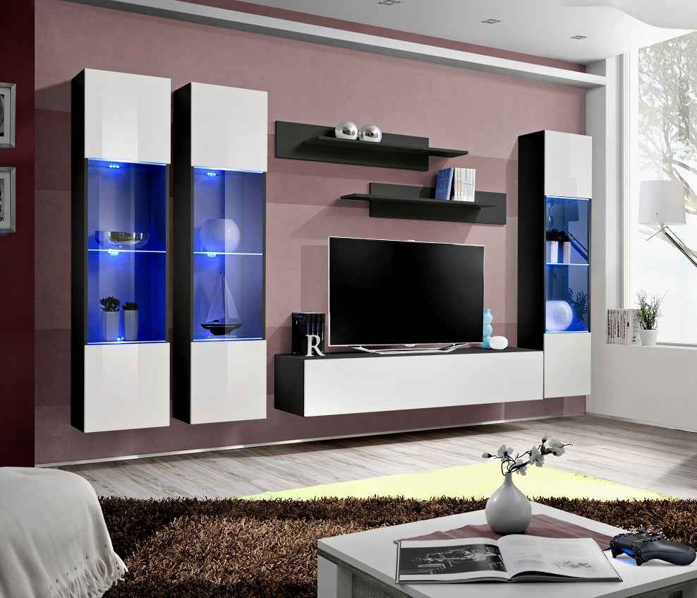 Ensemble meuble tv mural fly-c noir et blanc avec led - Clicktofournisseur.com