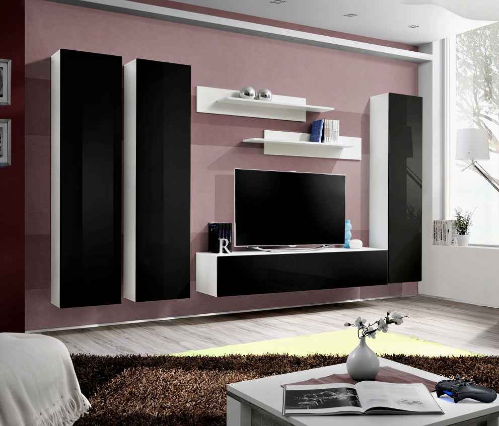 Ensemble meuble TV mural FLY-C noir et blanc de haute brillance clicktofournisseur.com