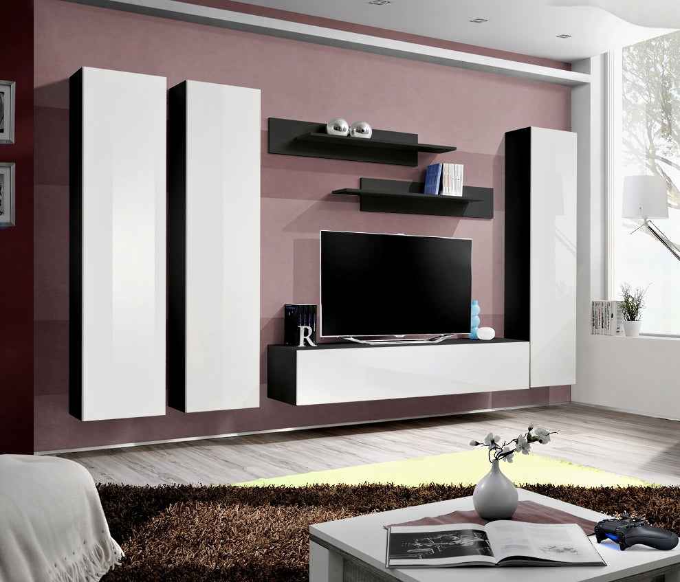 Ensemble meuble tv mural fly-c noir et blanc de haute brillance - Clicktofournisseur.com