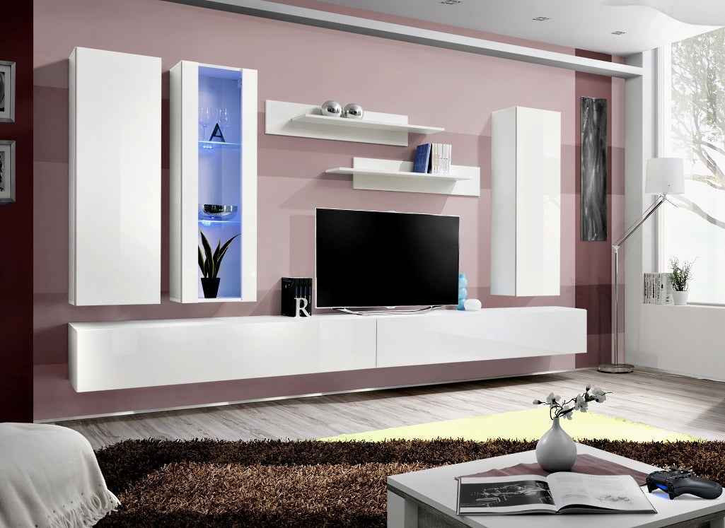 Ensemble meuble TV mural FLY-E blanc de haute brillance avec LED clicktofournisseur.com