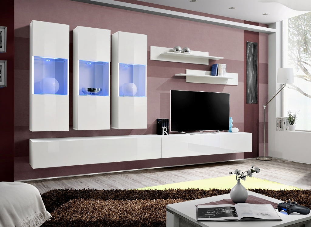 Ensemble meuble TV mural FLY-E blanc de haute brillance avec LED clicktofournisseur.com