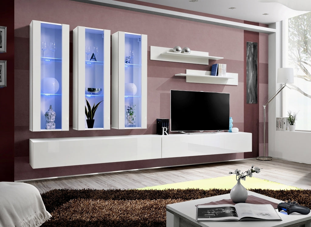 Ensemble meuble TV mural FLY-E blanc de haute brillance avec LED clicktofournisseur.com