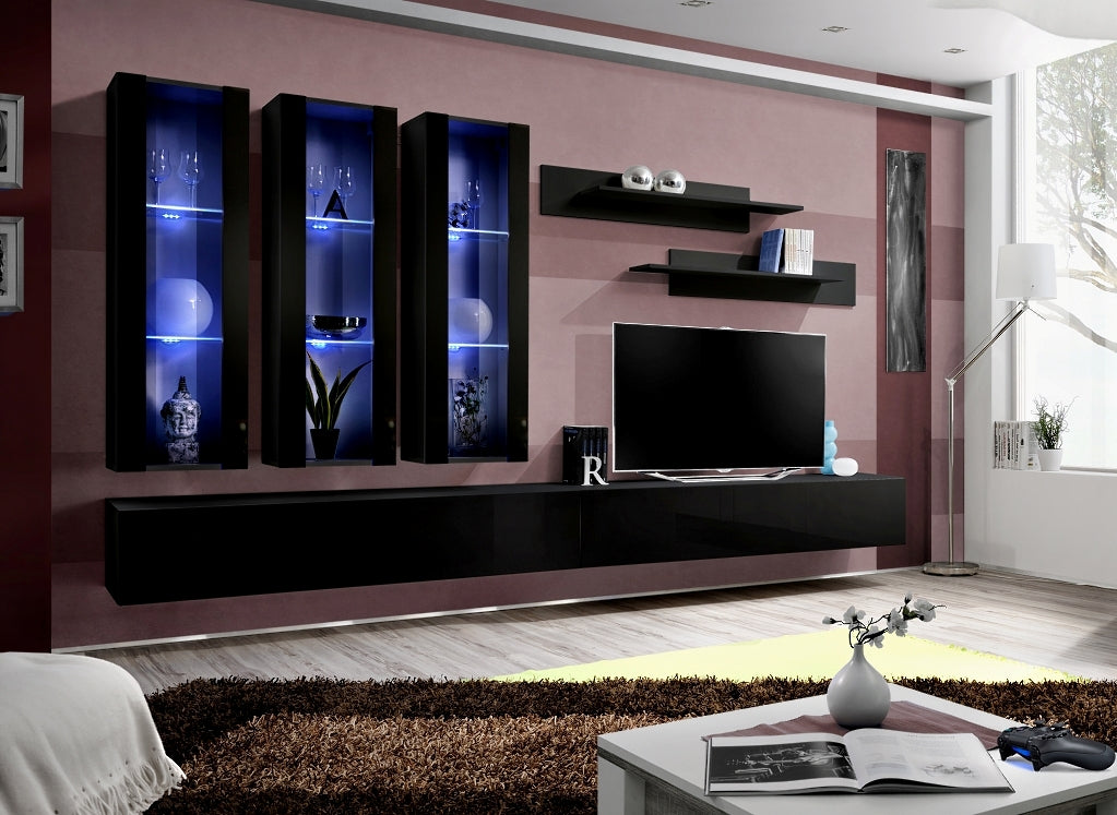 Ensemble meuble TV mural FLY-E noir de haute brillance avec LED clicktofournisseur.com