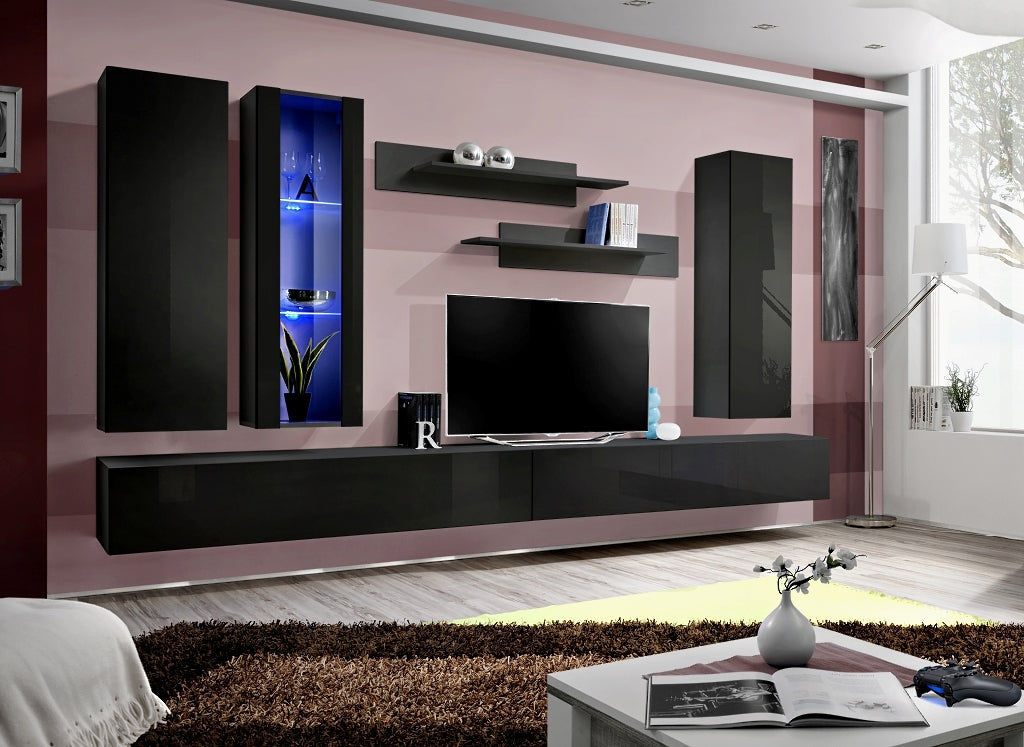 Ensemble meuble TV mural FLY-E noir de haute brillance avec LED clicktofournisseur.com