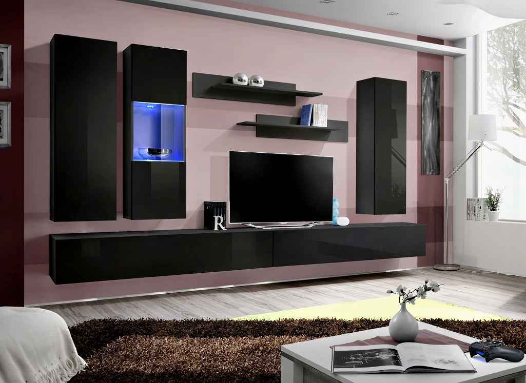 Ensemble meuble tv mural fly-e noir de haute brillance avec led - Clicktofournisseur.com