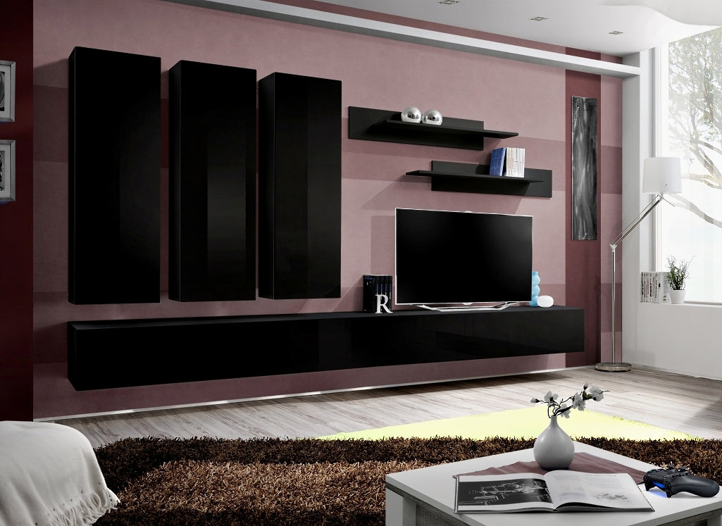 Ensemble meuble TV mural FLY-E noir de haute brillance clicktofournisseur.com