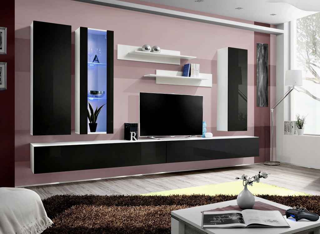 Ensemble meuble TV mural FLY-E noir et blanc de haute brillance avec LED clicktofournisseur.com