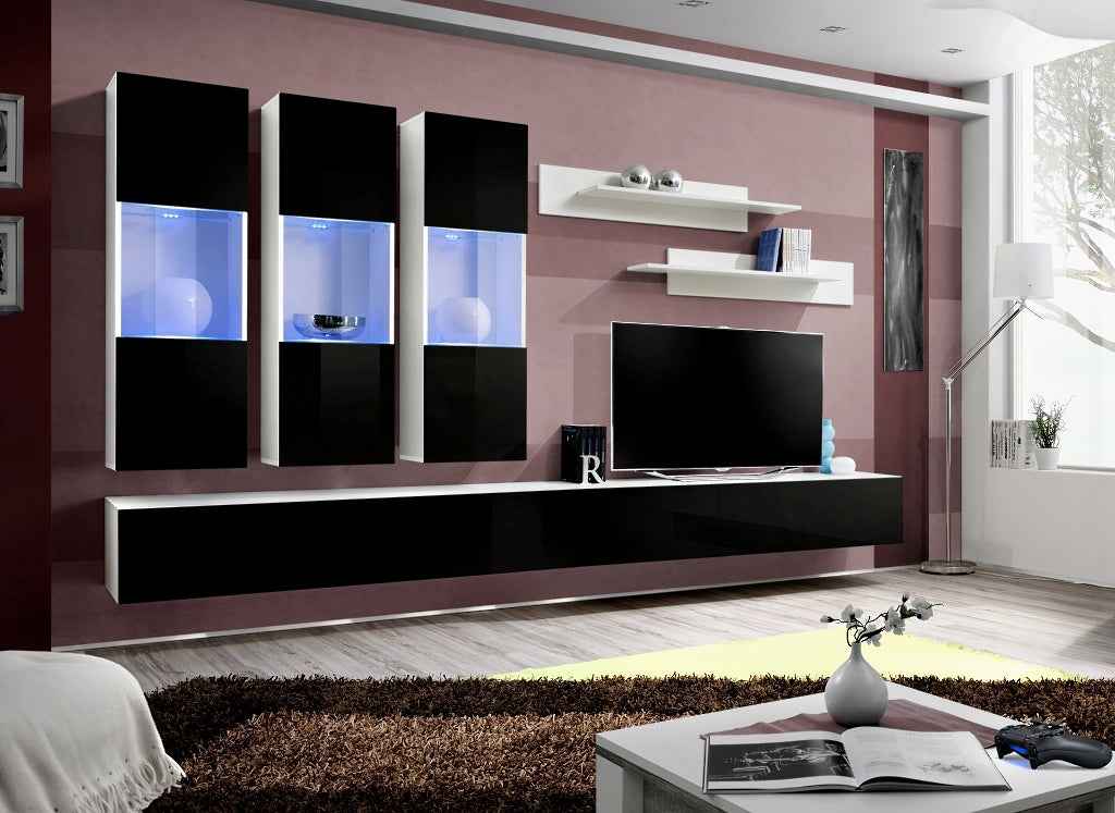 Ensemble meuble tv mural fly-e noir et blanc de haute brillance avec led - Clicktofournisseur.com