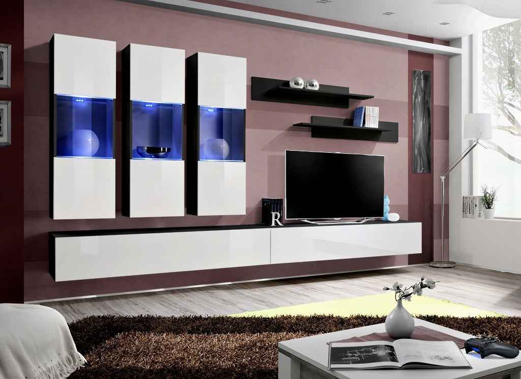 Ensemble meuble tv mural fly-e noir et blanc de haute brillance avec led - Clicktofournisseur.com