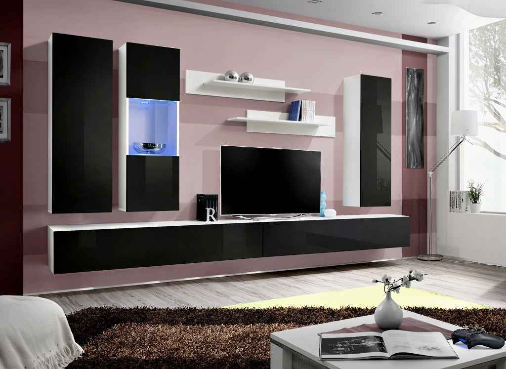 Ensemble meuble tv mural fly-e noir et blanc de haute brillance avec led - Clicktofournisseur.com