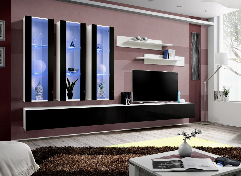 Ensemble meuble tv mural fly-e noir et blanc de haute brillance avec led - Clicktofournisseur.com