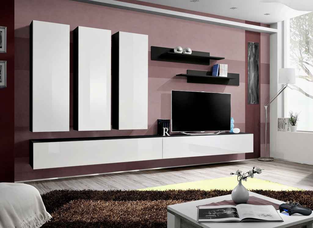 Ensemble meuble tv mural fly-e noir et blanc de haute brillance - Clicktofournisseur.com