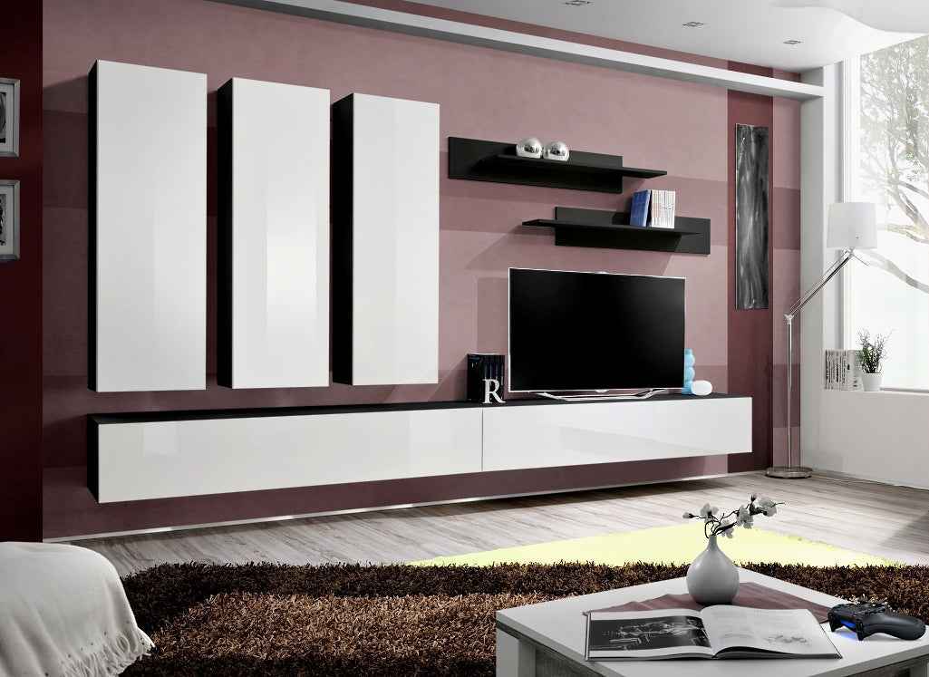 Ensemble meuble TV mural FLY-E noir et blanc de haute brillance clicktofournisseur.com