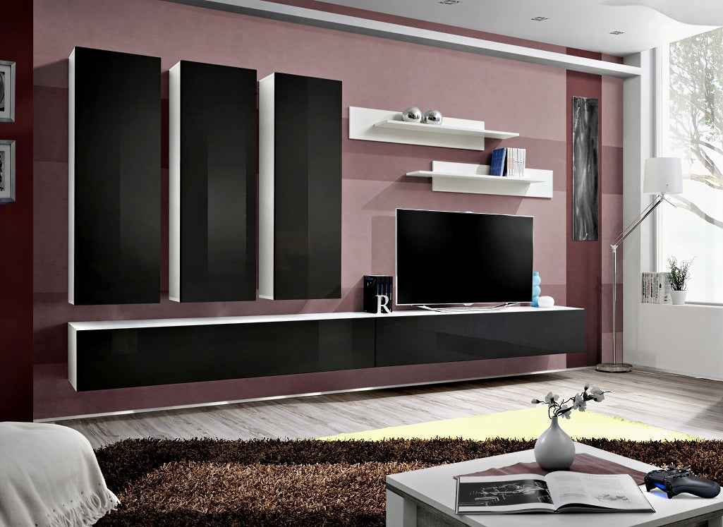 Ensemble meuble tv mural fly-e noir et blanc de haute brillance - Clicktofournisseur.com