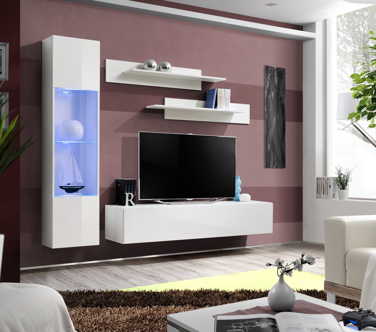 Ensemble meuble TV mural FLY-G blanc de haute brillance avec LED clicktofournisseur.com