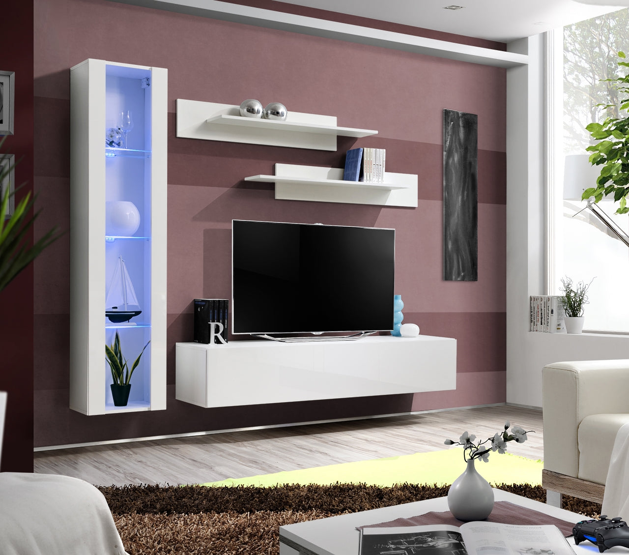 Ensemble meuble TV mural FLY-G blanc de haute brillance avec LED clicktofournisseur.com