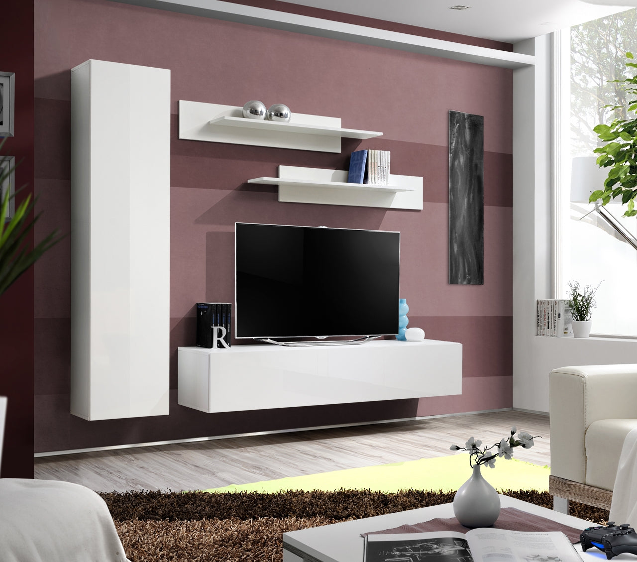 Ensemble meuble TV mural FLY-G blanc de haute brillance clicktofournisseur.com