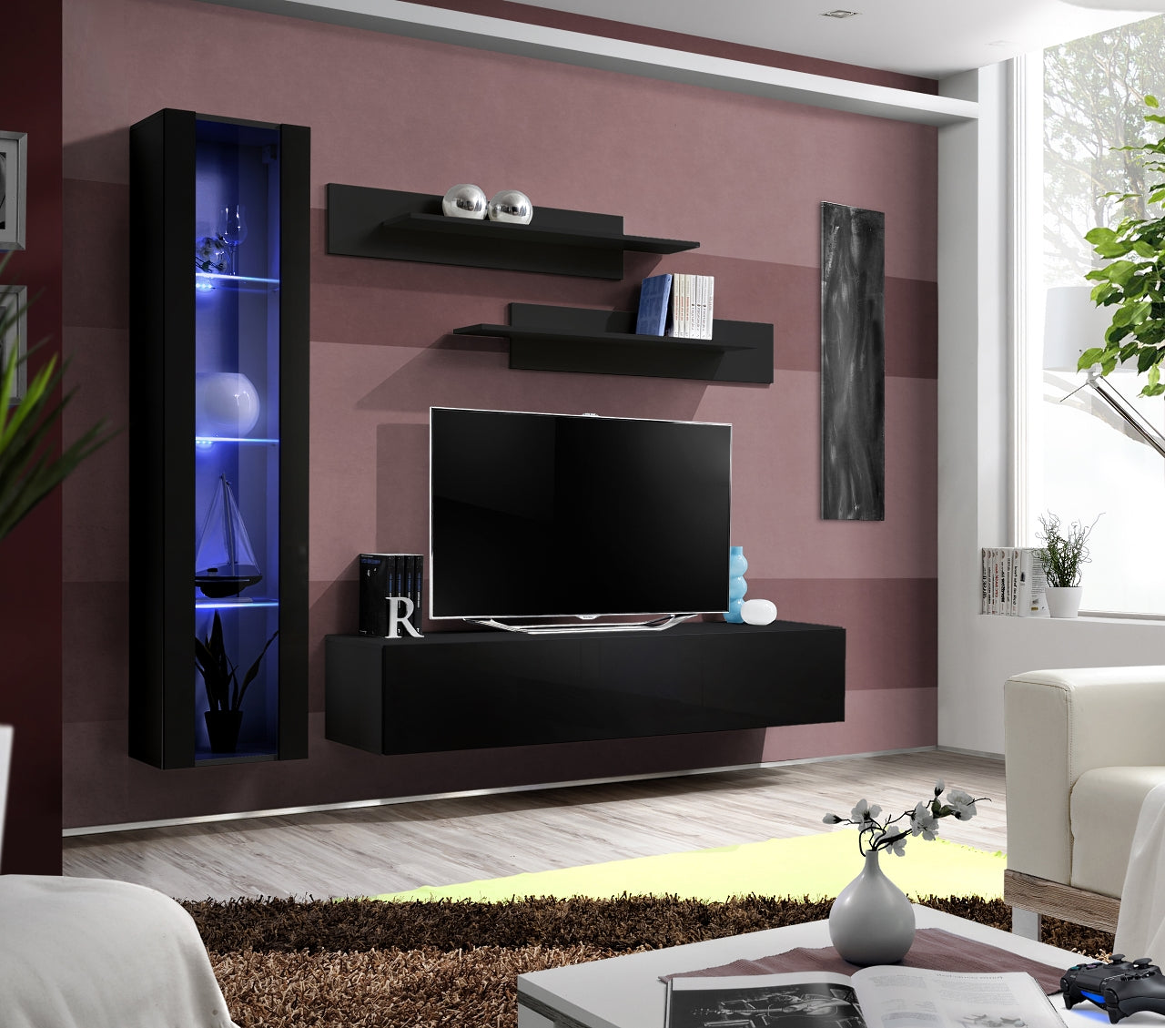 Ensemble meuble TV mural FLY-G noir de haute brillance avec LED clicktofournisseur.com