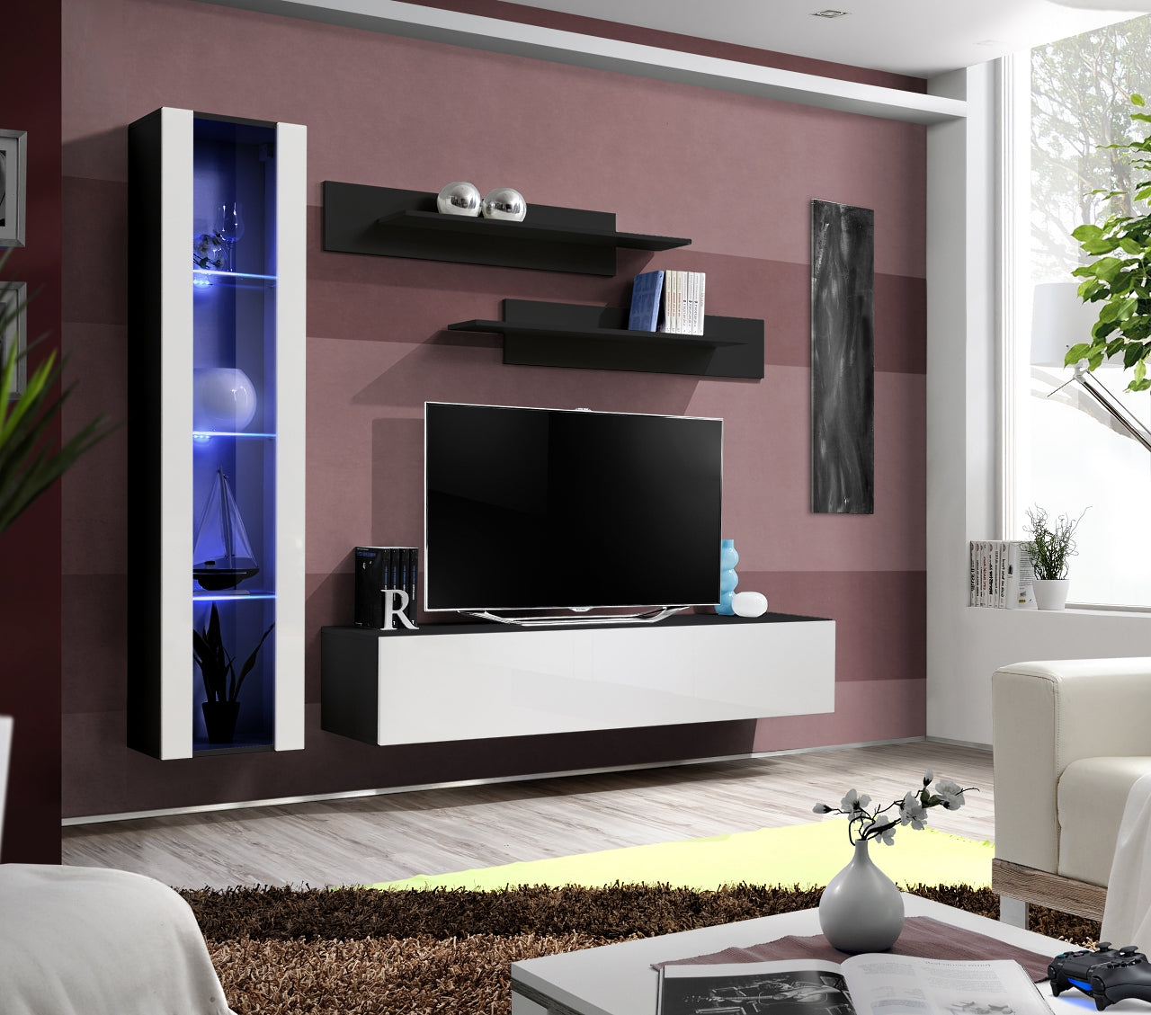 Ensemble meuble TV mural FLY-G noir et blanc de haute brillance avec LED clicktofournisseur.com