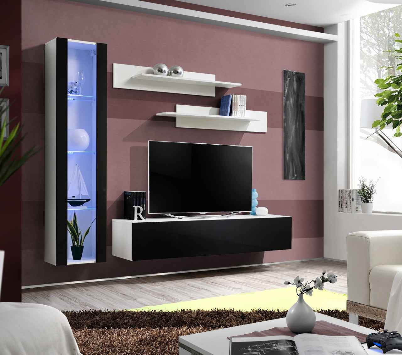 Ensemble meuble tv mural fly-g noir et blanc de haute brillance avec led - Clicktofournisseur.com