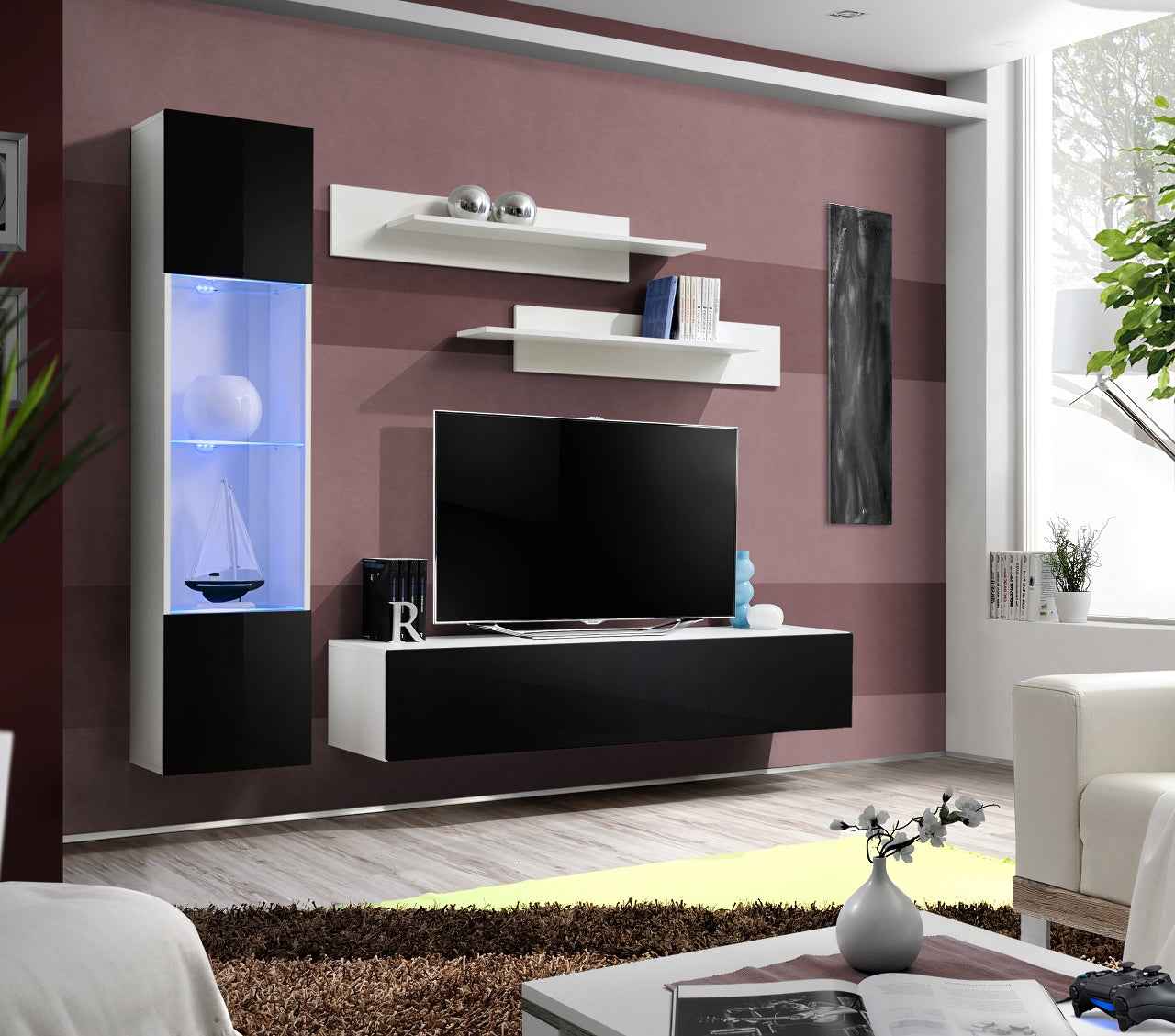 Ensemble meuble tv mural fly-g noir et blanc de haute brillance avec led - Clicktofournisseur.com