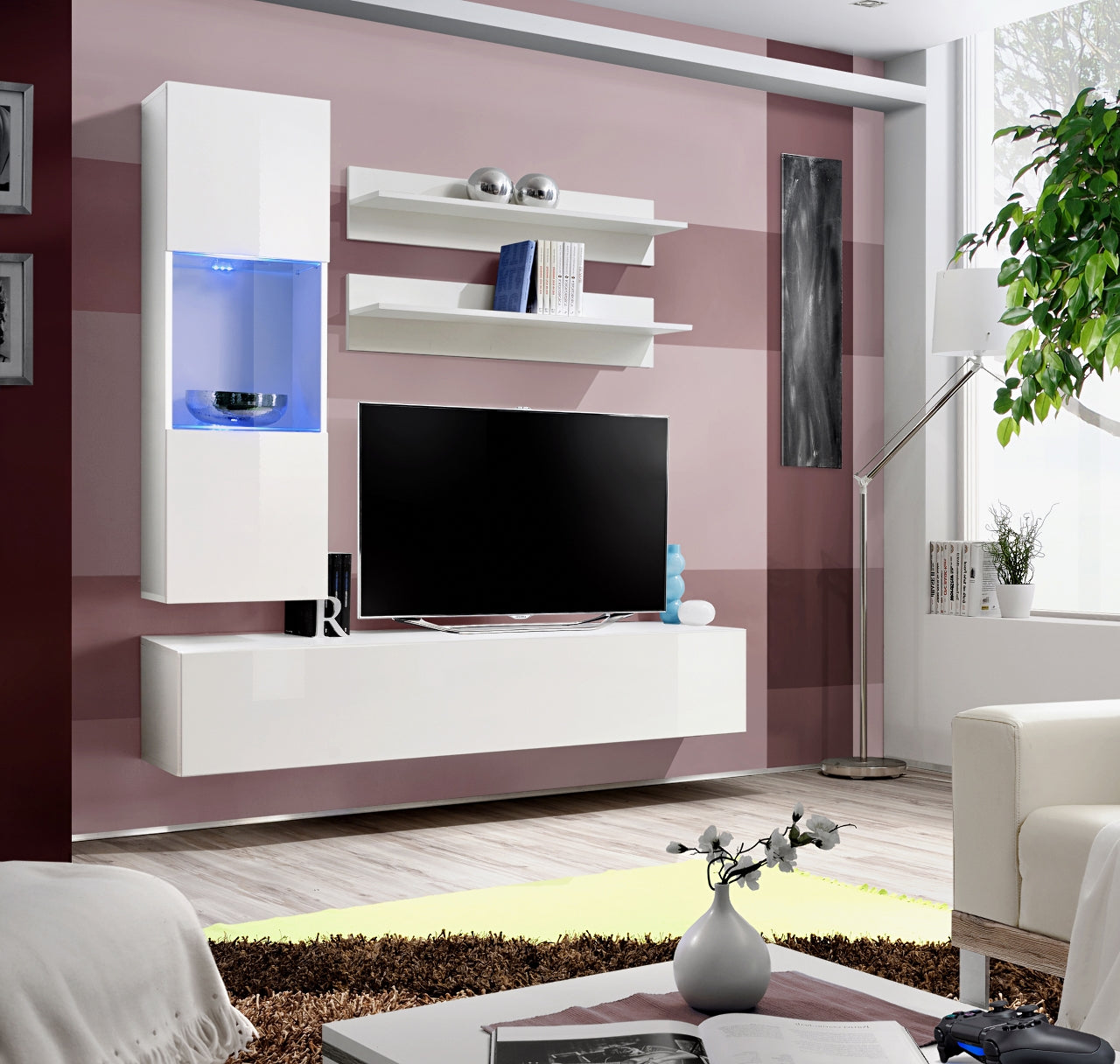 Ensemble meuble TV mural FLY-H blanc de haute brillance avec LED clicktofournisseur.com