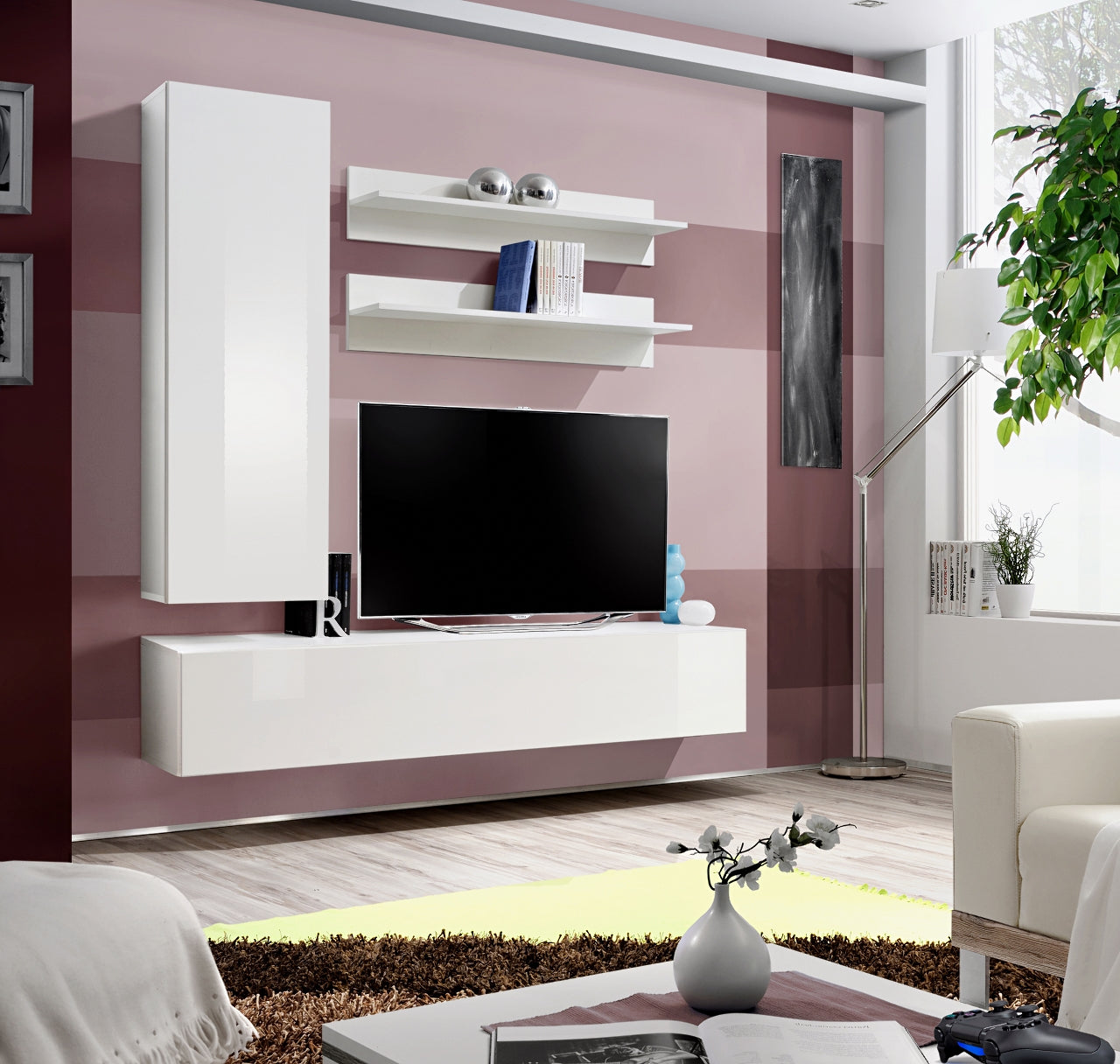 Ensemble meuble TV mural FLY-H blanc de haute brillance clicktofournisseur.com