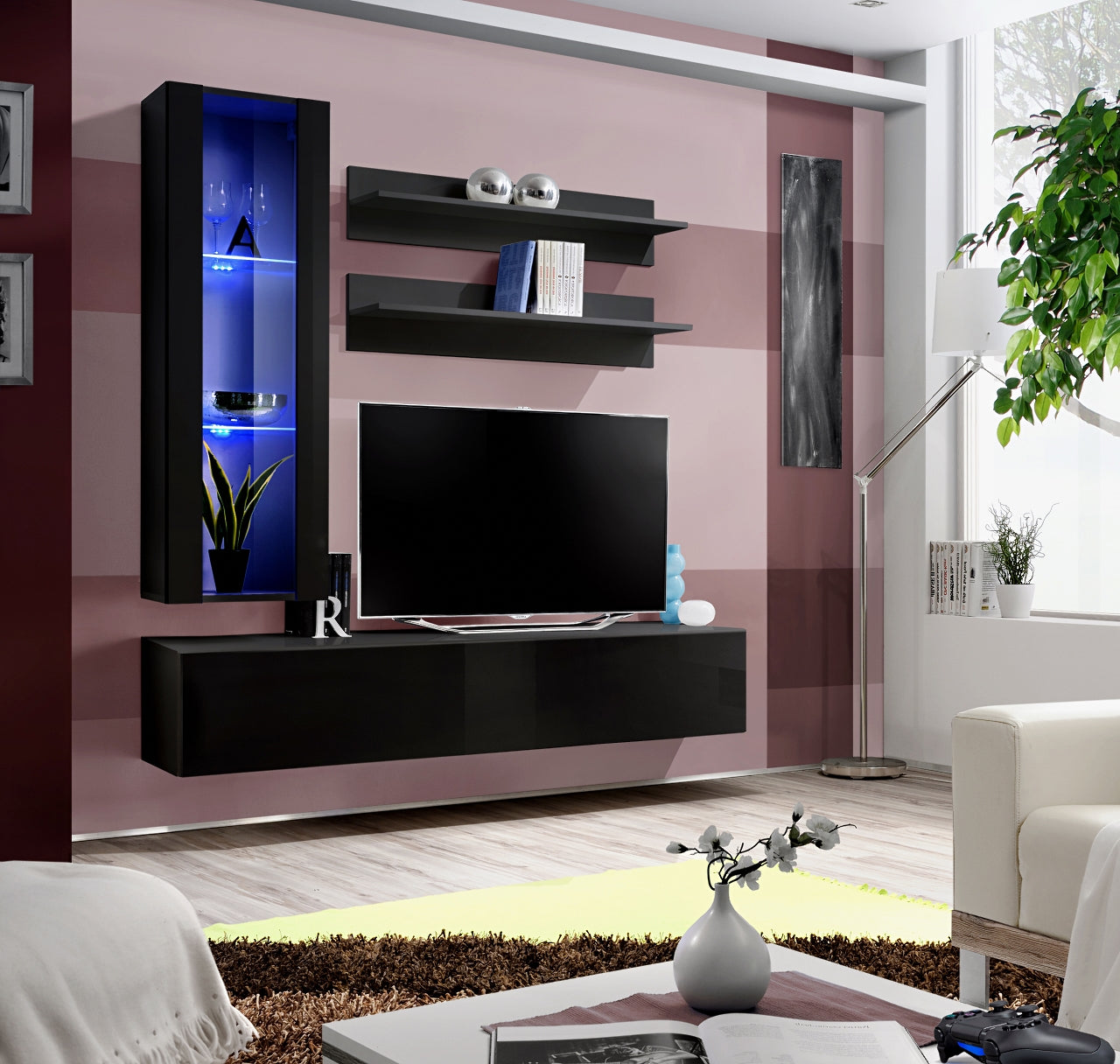 Ensemble meuble TV mural FLY-H noir de haute brillance avec LED clicktofournisseur.com